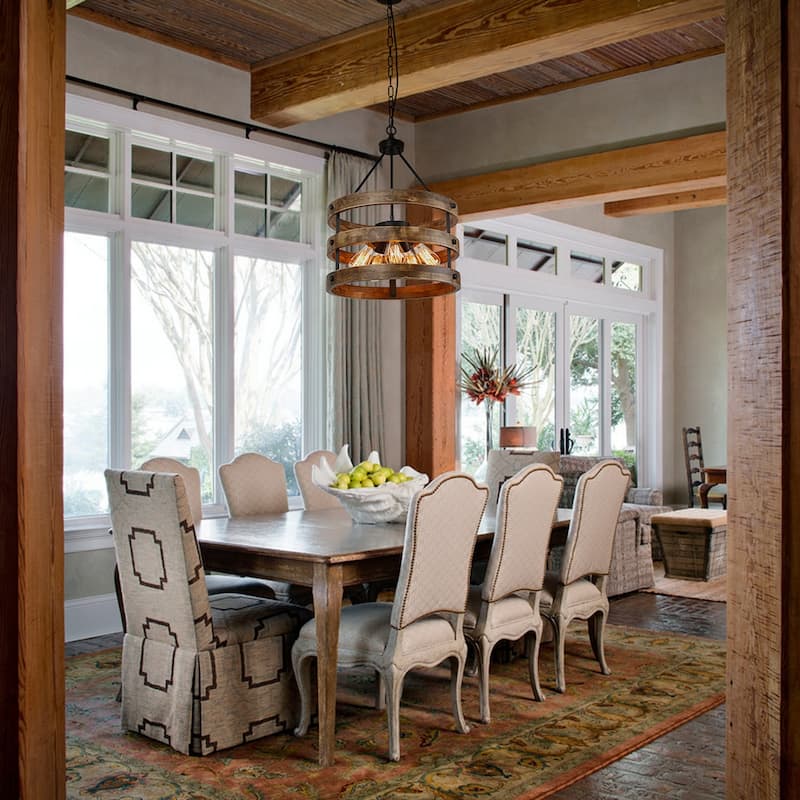 Modern Farmhouse 5-Light Drum Wood Chandeliers Cage Pendant Light for Dining Room - 18" D x 23" H