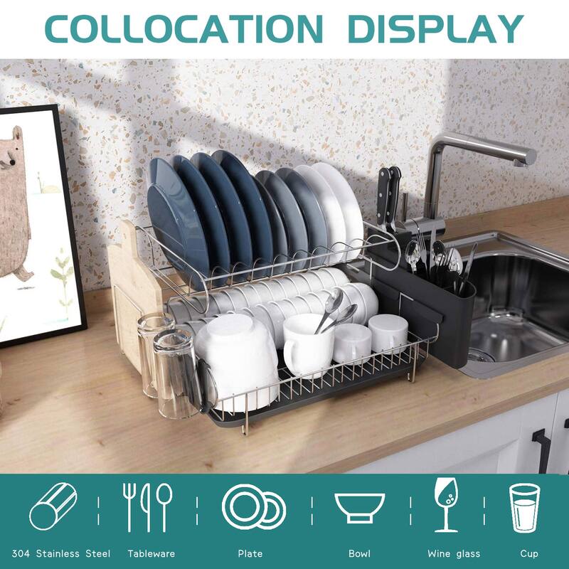 Double Tier Stainless Steel Dish Rack, with Drainboard Set and Utensil Holder - Large