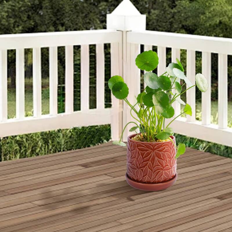 Set of 2 Handmade Modern Embossed Leaf Ceramic Planters with Saucers