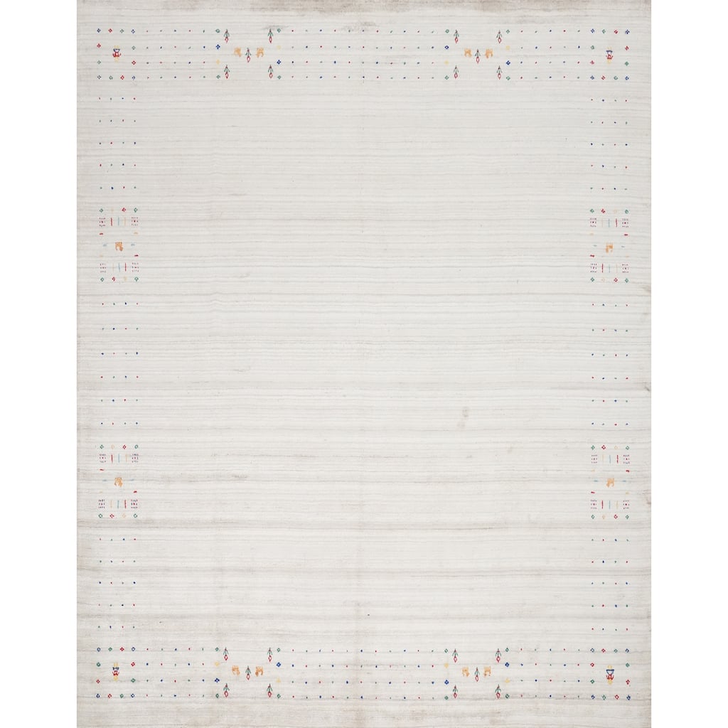 Hand Knotted Oriental Viscose Silk Carpet Tribal Animal Pictorial Beige & Ivories Gabbeh Area Rug - 9' 10'' X 10' 2''