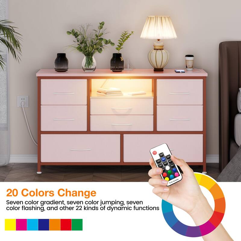 8-Drawer Fabric TV Stand with LED Lights & Built-in Power Outlets