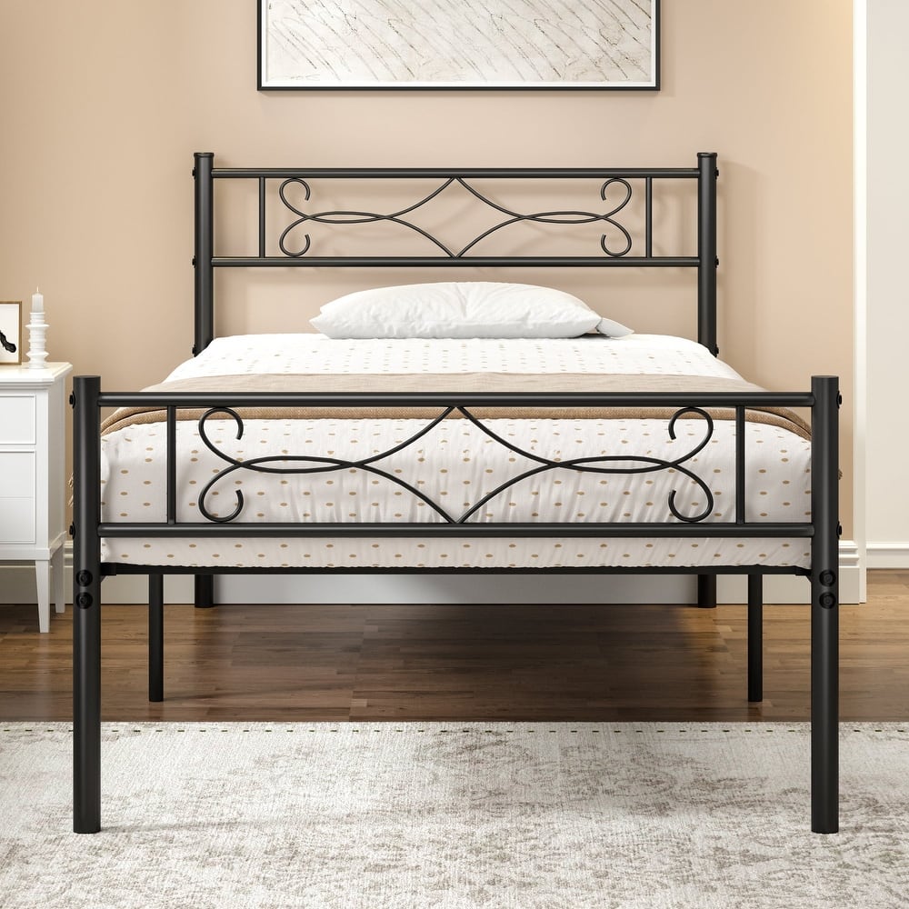 VECELO Metal Bed Frame with Headboard and Footboard No Box Spring Needed 12in Underbed Storage with Decorative Headboard
