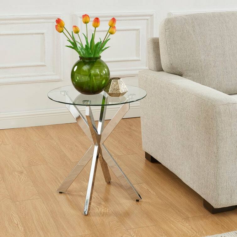 19.7" End Table With Glass Top - Silver