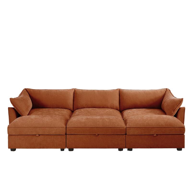 Modular Upholstered Sofa with 3 Ottomans and Storage Drawers, Deep Seat Chenille Sleeper Couch for Living Room, Home Theater