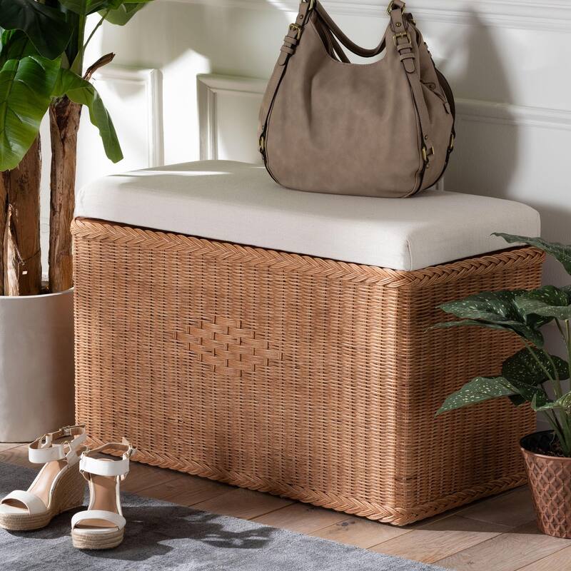 Eamon Braided Natural Rattan Storage Bench with Lift-Top - Coastal Boho Chest for Bedroom or Living Room, 31" Rectangle, Brown