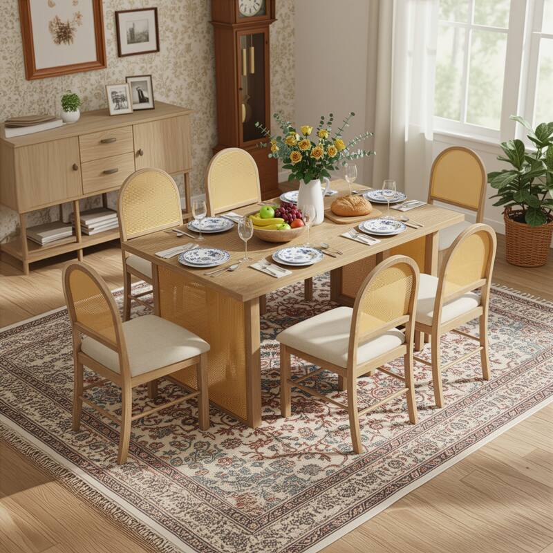 7-Piece Farmhouse Dining Table Set with Distressed Oak Veneer and Upholstered Rattan Chairs for Gatherings - Natural