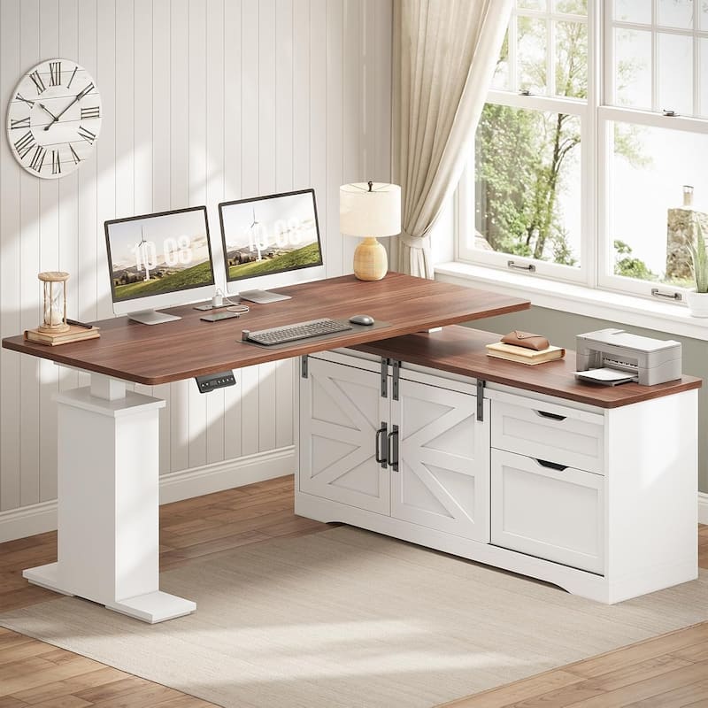 L Shaped Standing Desk Height Adjustable Corner Desk Storage Drawers