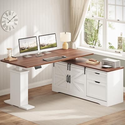 L Shaped Standing Desk Height Adjustable Corner Desk Storage Drawers
