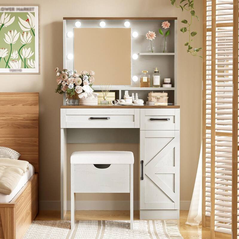 Vanity Set with Stool, Dressing Table with Adjustable Shelves,3 Lighting Modes，2 Drawers and Side Cabinet , White - White