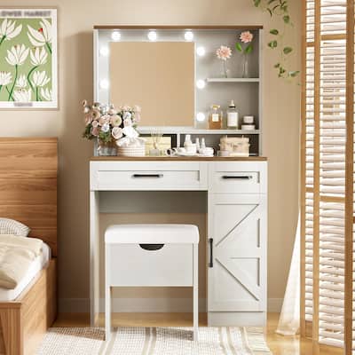 Vanity Set with Stool, Dressing Table with Adjustable Shelves,3 Lighting Modes，2 Drawers and Side Cabinet , White