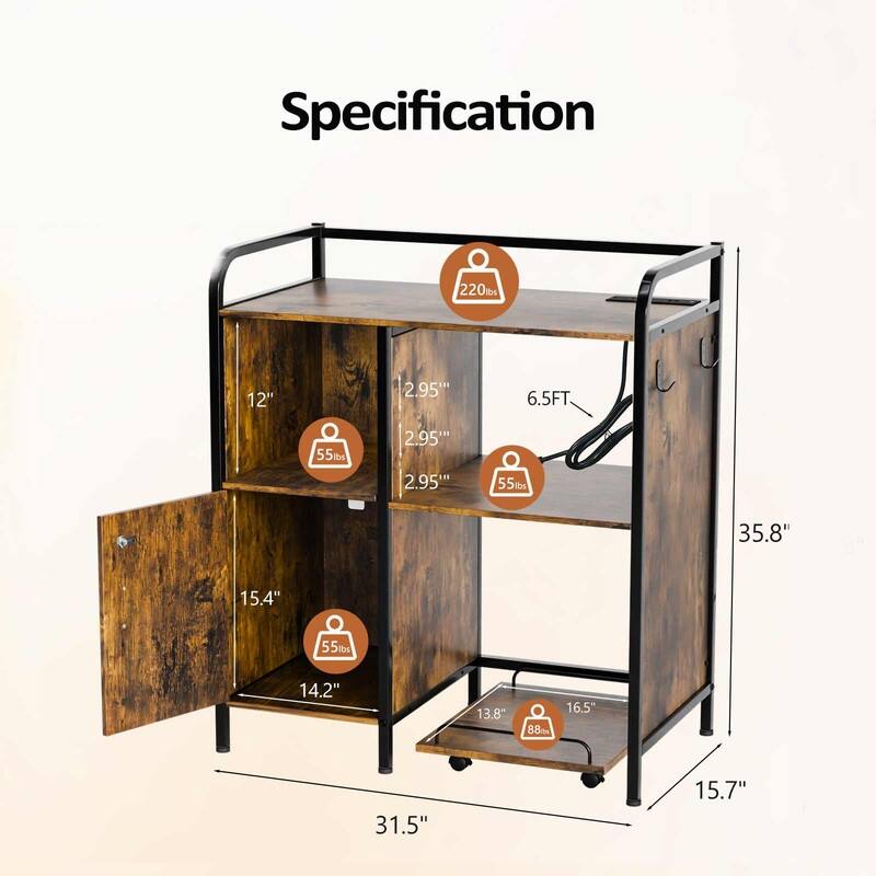 Cabinet with Rolling Cart Printer Stand Brown P2 Particleboard 31.5x17.7x35.4 inches