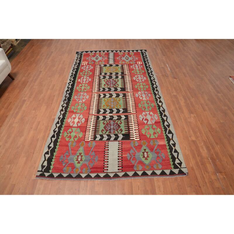Hand Woven Oriental 100% Wool Carpet Southwestern Tribal Oranges & Rust Kilim Area Rug - 11' 3'' X 5' 9''