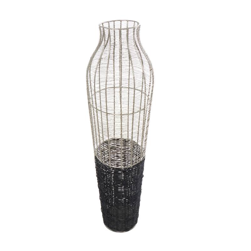 Silver Metal Tall Vase with Woven Black Rattan Base