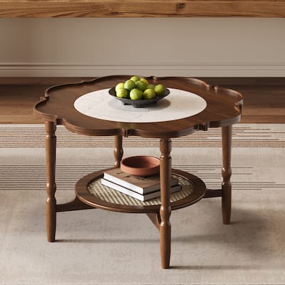 Mid-Century 2-Tiered Coffee Table – 31.5" Walnut Frame with Petal-Shaped White Crackle Glass & Rattan Accents