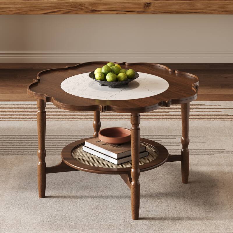 Roomfitters Mid-Century Coffee Table, Petal Shape Accent Table with Rattan Shelf and White Glass Top, Walnut