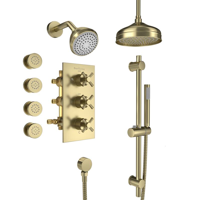 8-In Ceiling Mounted Shower System with Sliding Bar and 4 Body Sprays - 8" - Brushed Gold