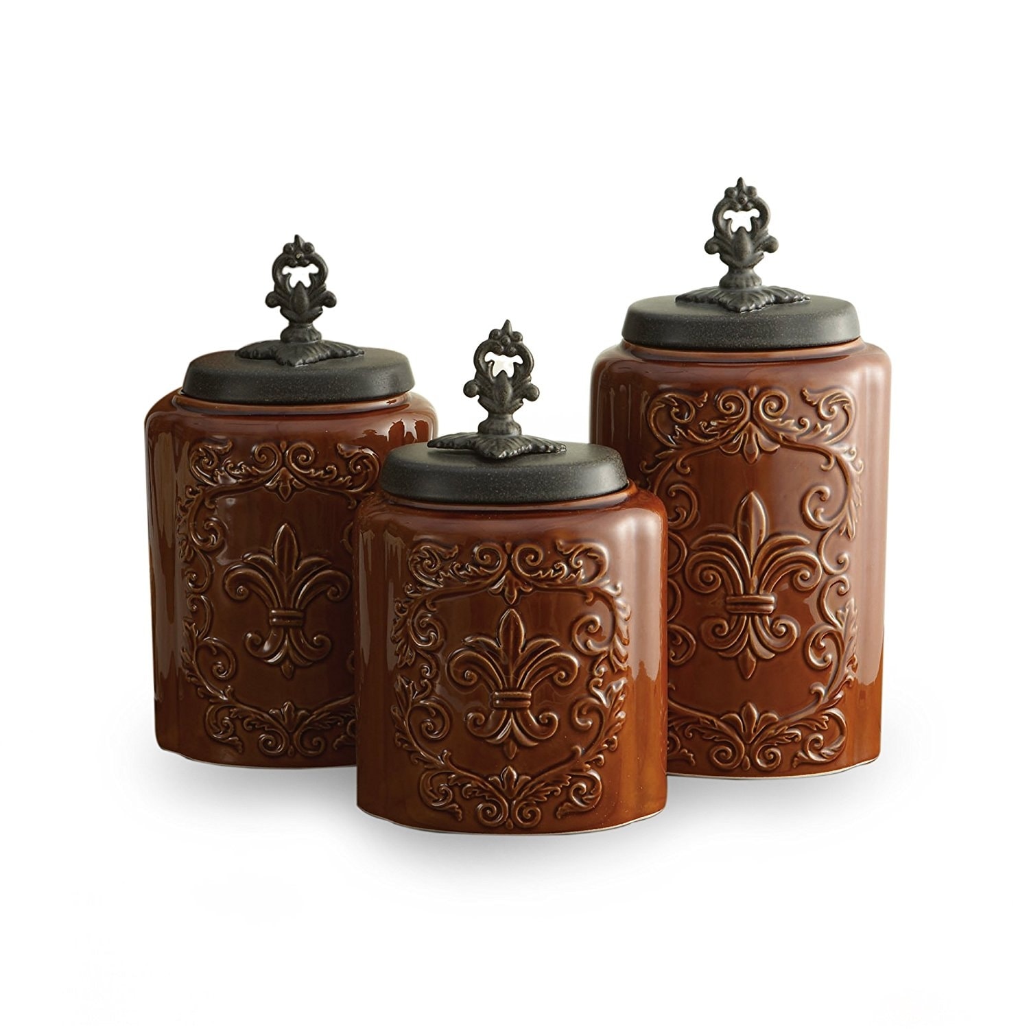https://ak1.ostkcdn.com/images/products/is/images/direct/54195aa8c0d82ad02ee92f092f73fa33fc43479d/American-Atelier-Antique-Collection-Fleur-de-Lis-Brown-Canisters-Kitchen-Storage%2C-Set-of-3.jpg