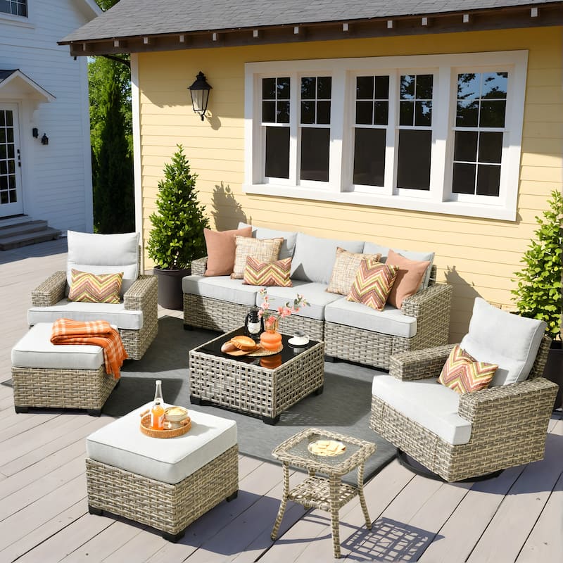 OVIOS 9 Pieces Wide Arm T shaped Seat Curved Swivel Chair Set With Solar-Powered Table - Grey