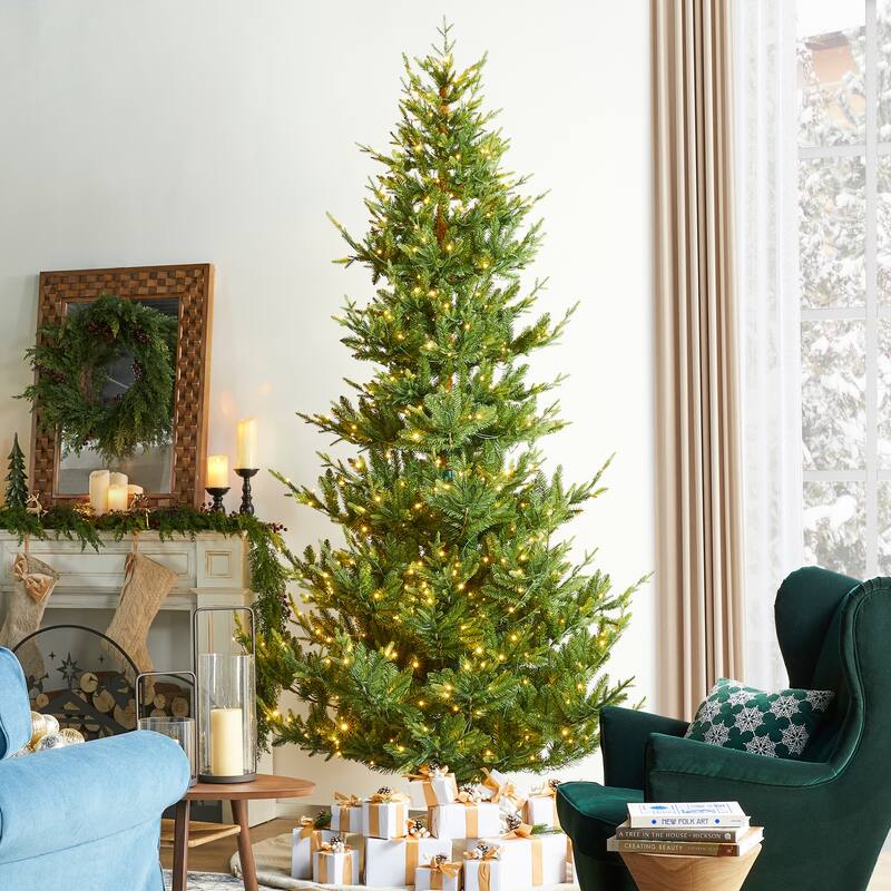 Glitzhome 7.5ft/9ft Pre-Lit Green Upward Slim Fir Artificial Christmas Tree with Foot Pedal Remote Control