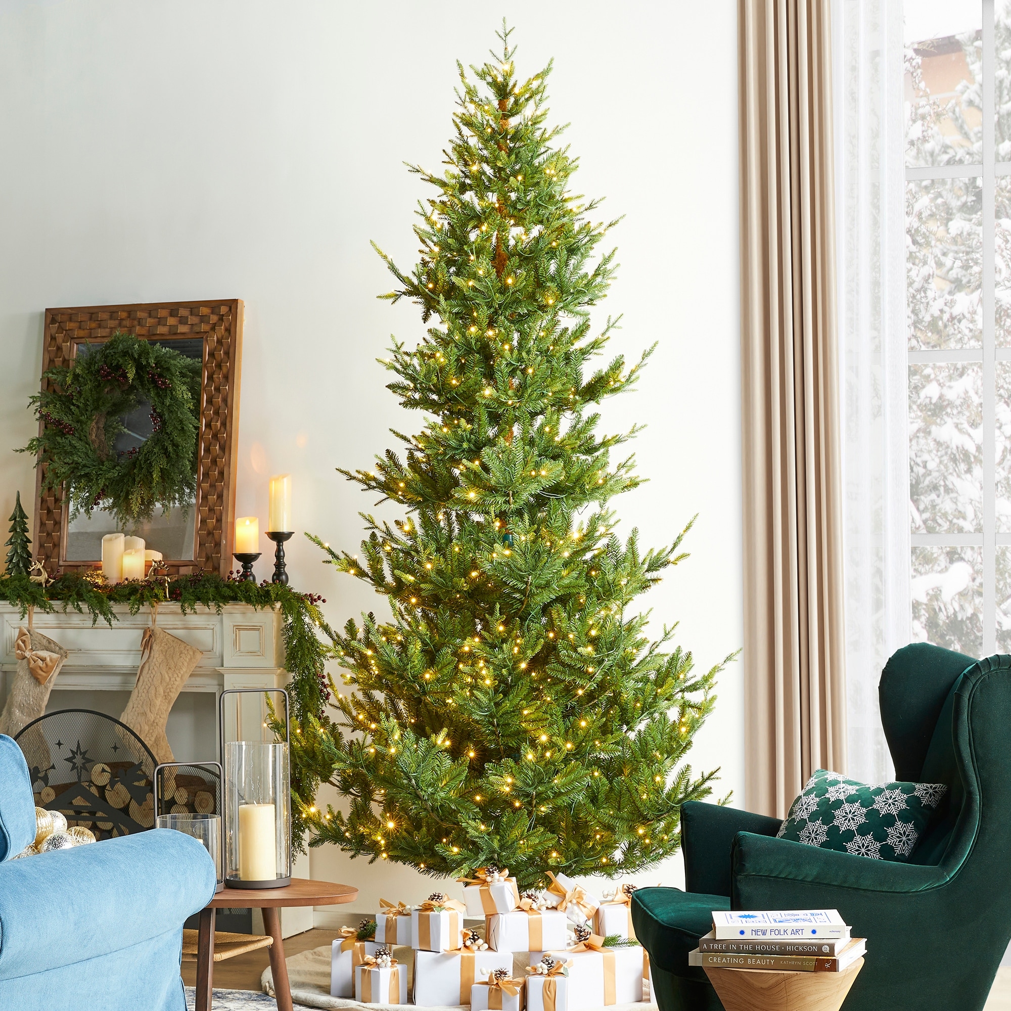 Glitzhome 7.5ft/9ft Pre-Lit Green Upward Slim Fir Artificial Christmas Tree with Foot Pedal Remote Control