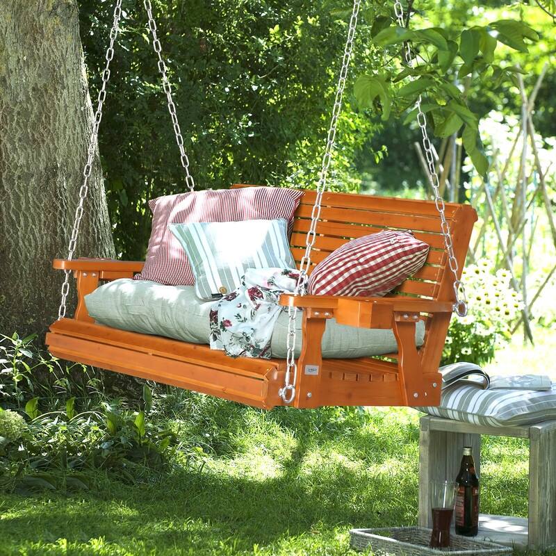 Upgraded 2-Person Wood Porch Swing with Cup Holders and Chains - N/A