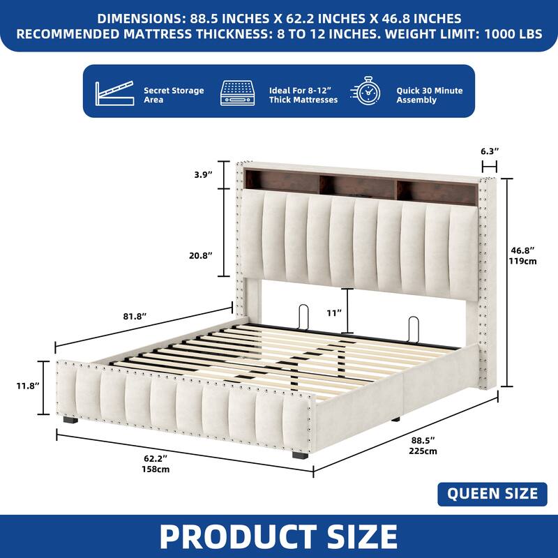 Moasis King Bed Upholstered Platform with Button-Tufted Frame