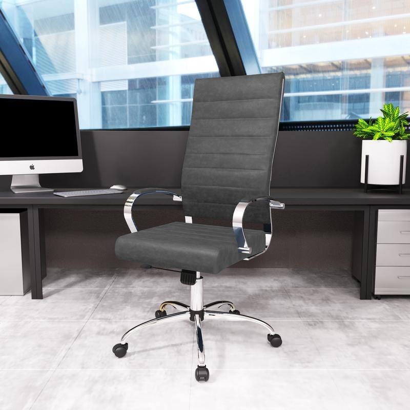 Benmar High-Back Leather Office Desk Chair in Stainless Steel Frame Adjustable Height Tilt Lock 360 Swivel Ergonomic Chair