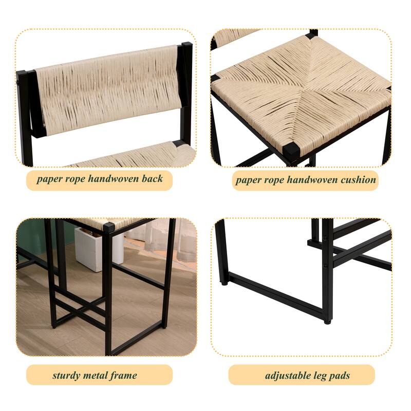 Modern Counter Height Barstools Set of 2, Paper Rope Woven Bar Stools w/ Back for Home Pub, Dinning Room, Kitchen Island Bistro