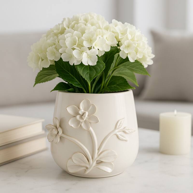 Decorative Ceramic Flower Planter with Flower Applique - Ivory
