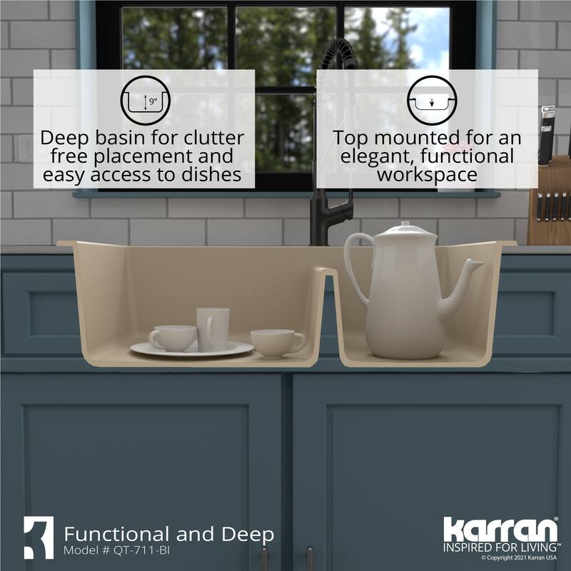 Karran Drop-In Quartz 33 in. 1-Hole 60/40 Double Bowl Kitchen Sink Kit