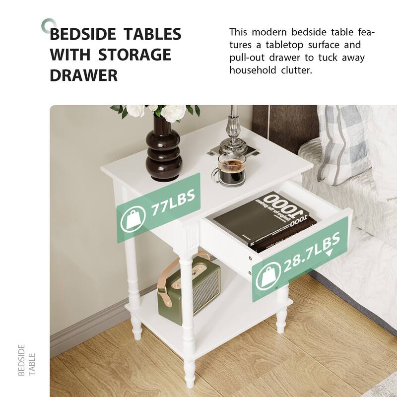 Vintage End Table with Drawer and Shelf, French Style Nightstand with Solid Wood Legs, White Accent Table