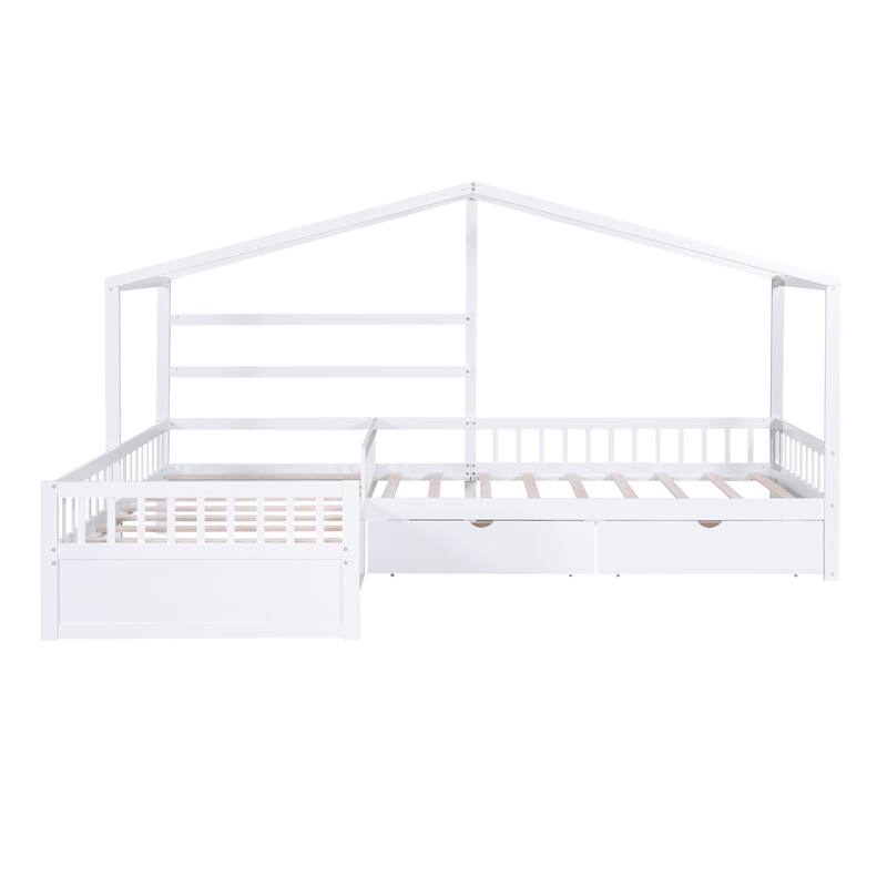 L-Shape Double Twin Size Pine Wood House Platform Bed with 3 Storage Drawers