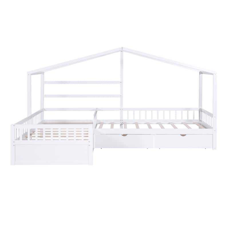 Twin Size House Bed Wood L-Shaped Platform Bed with 3 Storage Drawers