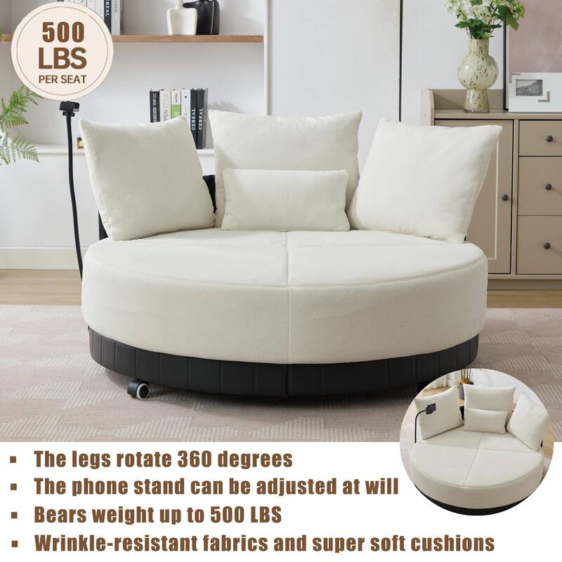 52.75" Oversized Round Swivel Chair, 360° Rotation, Beige, Polyester & Wood