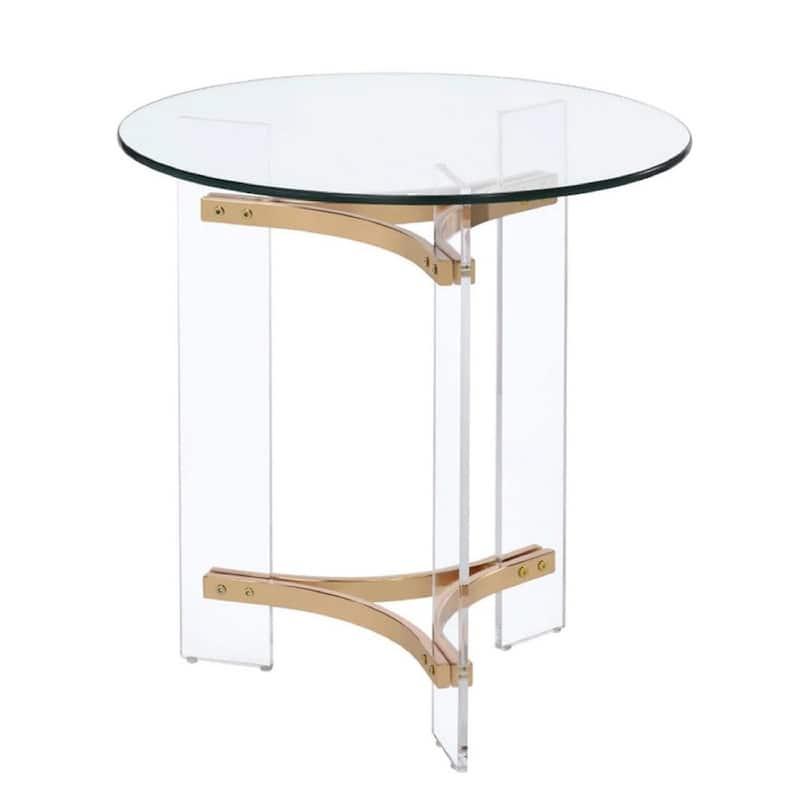 23 Inch Round End Table, Glass Top, Acrylic Legs, Clear, Gold - 23 Dia. x 24 H