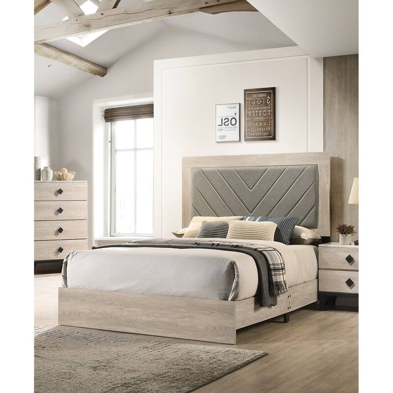 Contemporary Queen Size Bed with Gray V-Design Headboard and Rubberwood Frame - Cream+Grey