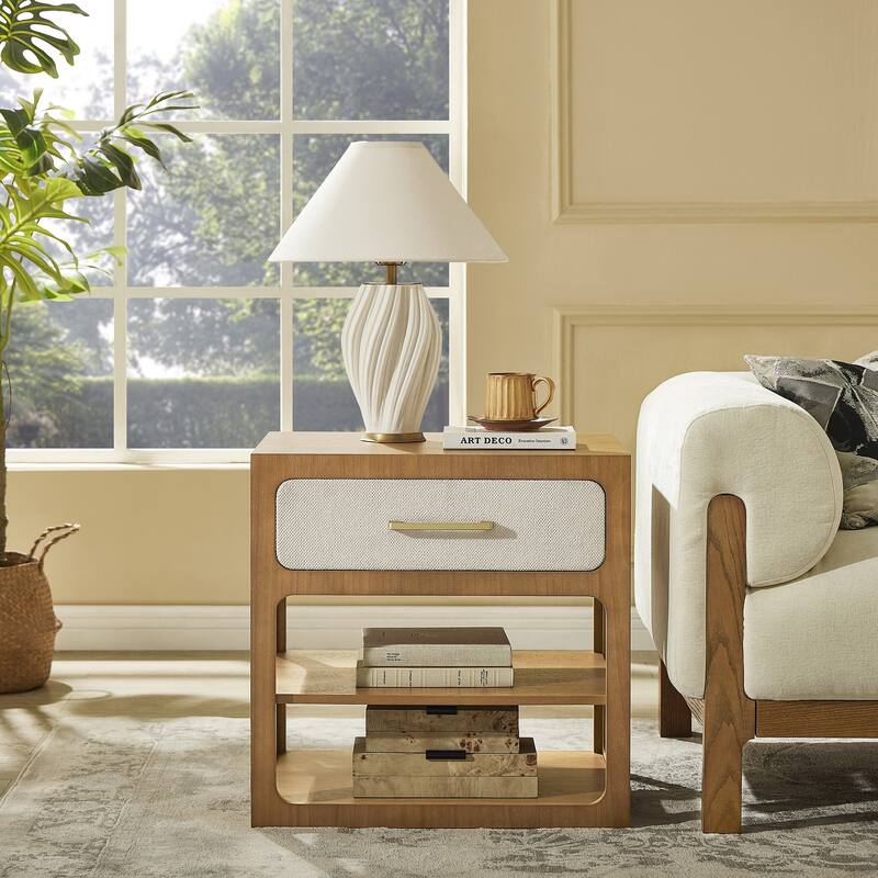 18" Modern Nightstand with Textured Fabric Drawer and 2-Tier Open Shelves