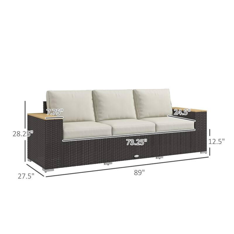 Three-Seater Outdoor Rattan Sofa with Thick Cushions and Water-Resistant Patio Couch for Garden - 89" W x 27.5" D x 28.25" H