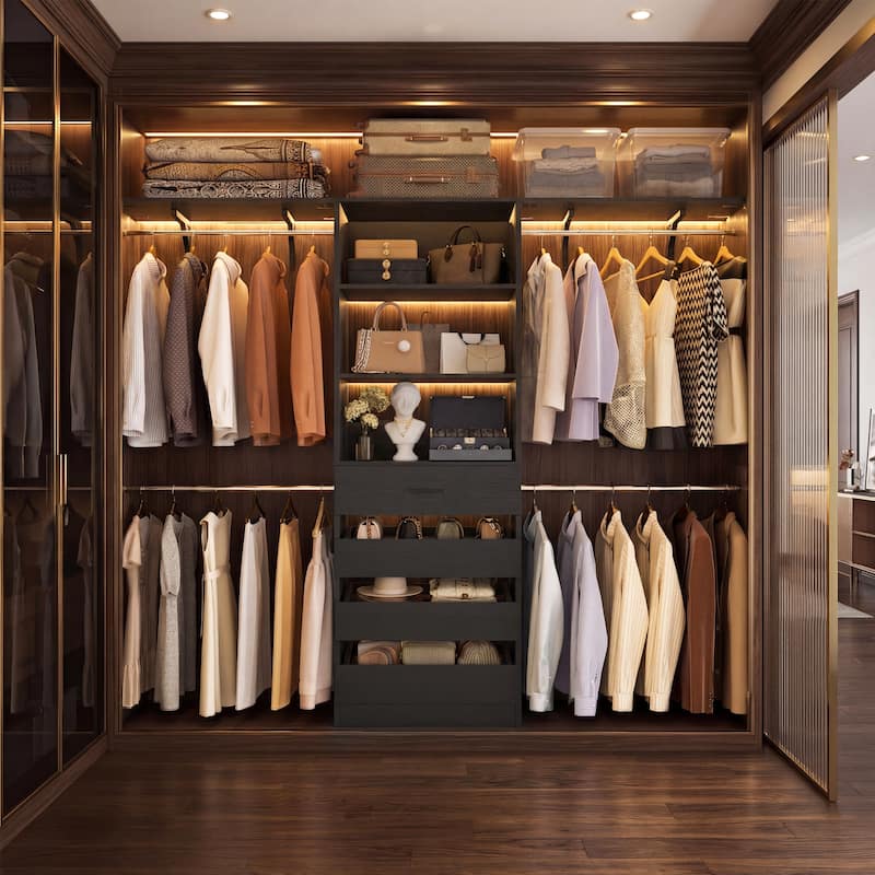 96'' Closet Organizer System with Wood Drawers, Wardrobe with Storage Shelves and 4 Hanging Rods