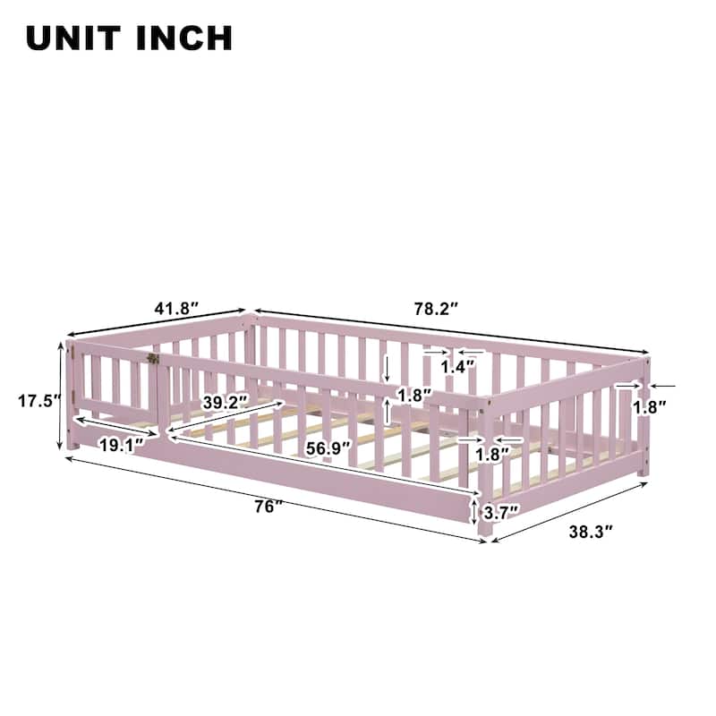 Twin Size Pine Wood Floor Platform Bed with Safety Fence and Door,7-Slat Design