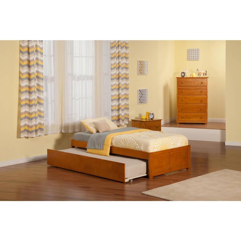 Twin Platform Bed with Trundle - Modern Style, Walnut Finish, Space Saving Design
