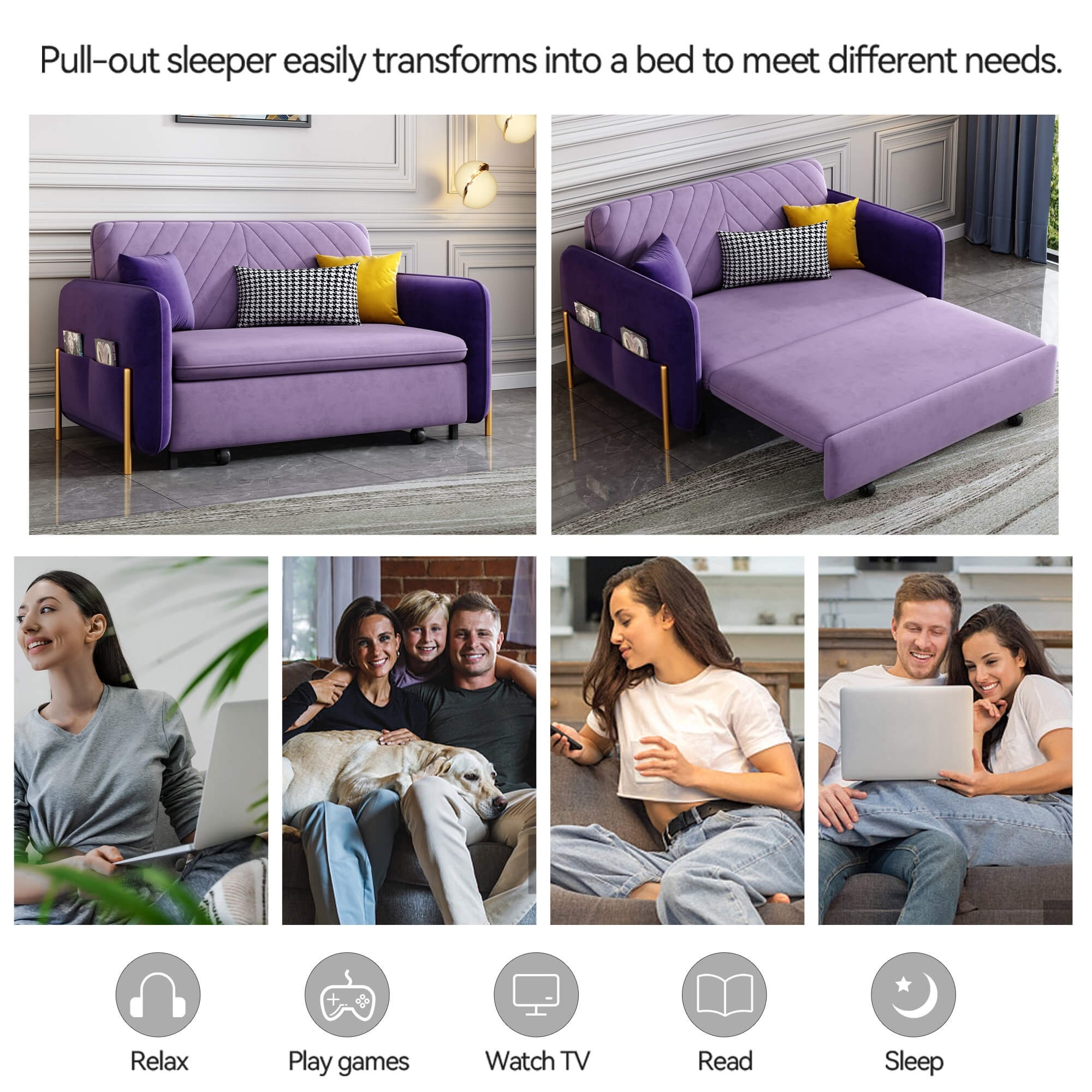53.5” Full Sleeper Sofa Upholstered Convertible Sofa Bed 3-in-1 Sleeper Sofa Couch, Small Tufted Velvet (purple)