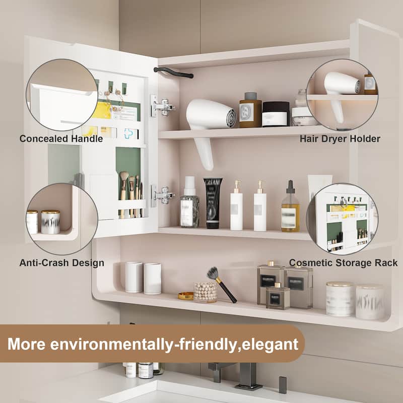 Aluminium Medicine Cabinet Mirror, 35 x 28 Inches Medicine Cabinet with 3 Colors LED Light and Defogging Function