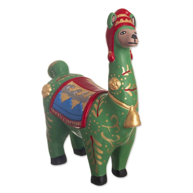 Novica Handmade Holiday Llama In Green Ceramic Statuette