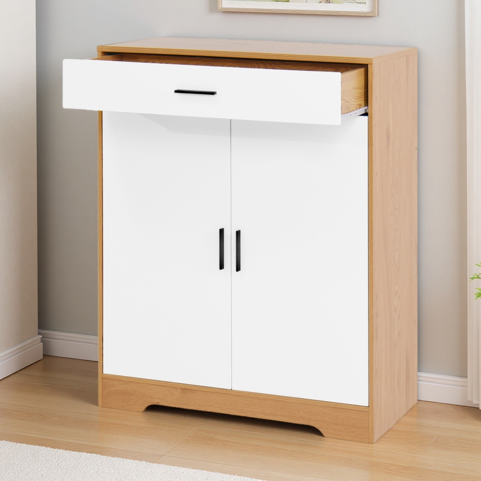 Freestanding Wooden Shoe Cabinet with 1 Drawer and Adjustable Shelves