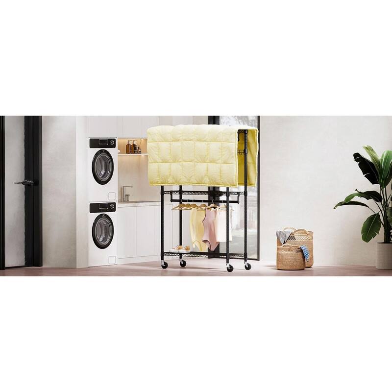 Heavy Duty Rolling Garment Rack with Wheels, 3-Tier Adjustable Wire Shelving, Clothes Rack with 2 Rods & Side Hooks