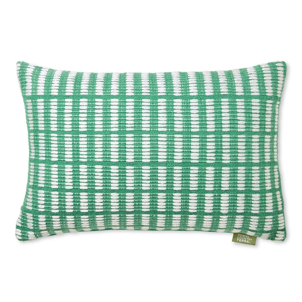 TOWN & COUNTRY TERRA Alara Textured Geo Stripe Indoor Outdoor Decorative Pillow 14"x20" Green/Ivory