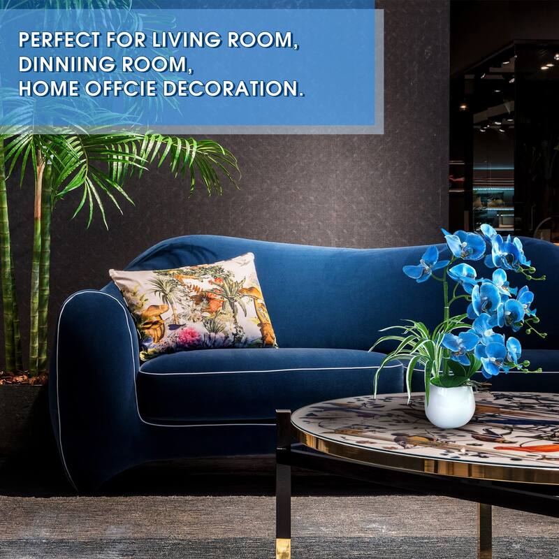 Artificial Orchid Plants and Flowers with Vase, Fake Faux Orchid in Ceramic Pot,19", Blue