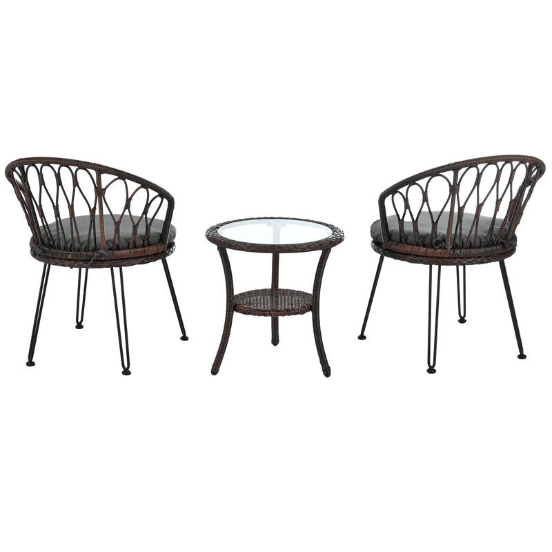 3-Piece Outdoor Leisure Set with 2 Rattan Single Chairs and A Glass Round Table