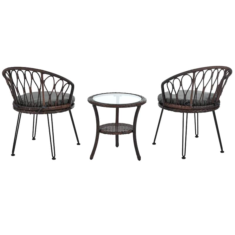 Outdoor Leisure Set, 2 Rattan Single Chairs with 1 Glass Round Table